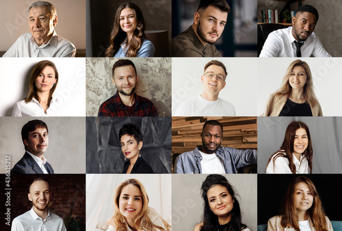 Collage or mosaic of diverse ethnicity young people group headshots, smiling multicultural people looking at camera, during video conference, meeting from home during quarantine.