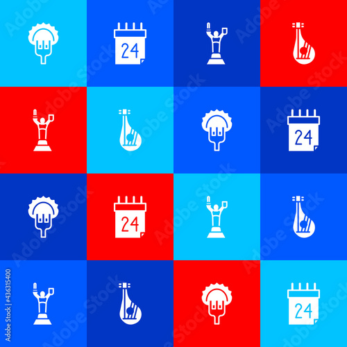 Set Dumplings on fork, Independence day of Ukraine, Mother Motherland monument and Bandura icon. Vector