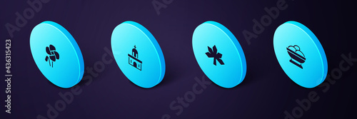Set Isometric Varenyky in a bowl, Chestnut leaf, Church building and Poppy flower icon. Vector