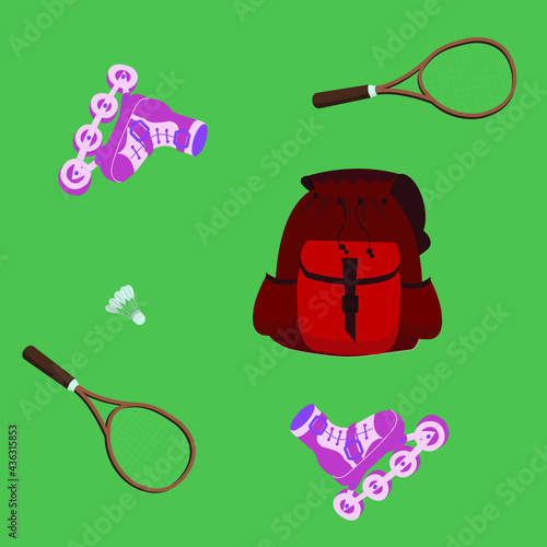 Pattern on summer sport with backpack, rollers, shadow rackets and valances. Vector Stock Illustration.