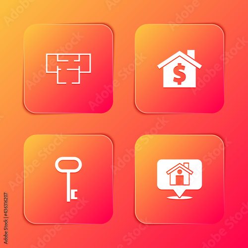 Set House plan, with dollar symbol, key and Location house icon. Vector