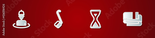 Set Man in the sauna, Sauna ladle, hourglass and Towel stack icon. Vector