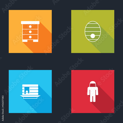 Set Hive for bees, , Stack of pancakes and Beekeeper with protect hat icon. Vector
