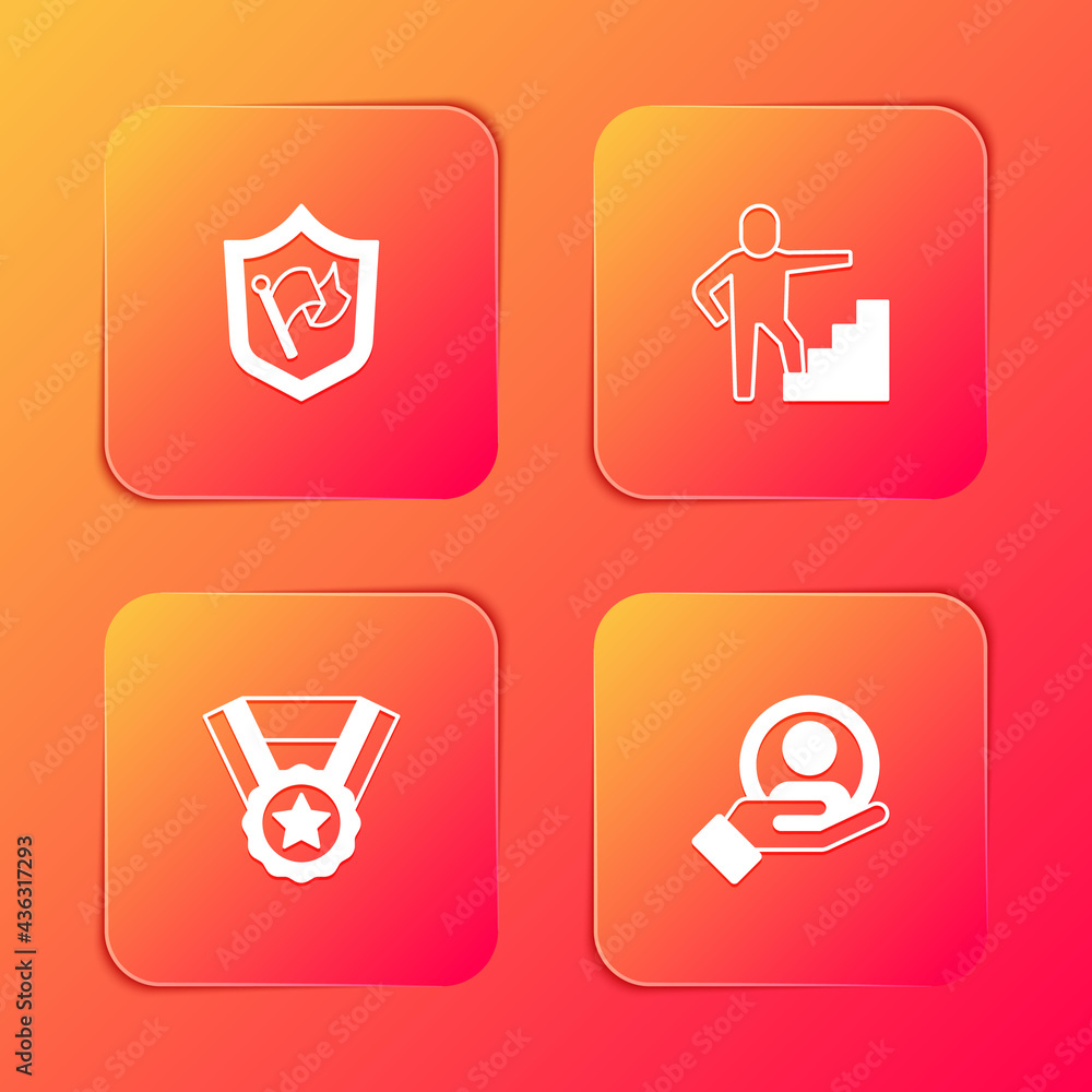 Set Shield with flag, Stair finish, Medal and Hand for search people icon. Vector Set Shield with flag, Stair finish, Medal and Hand for search people icon. Vector