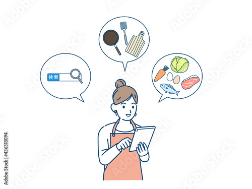 タブレットを使う主婦　女性　調理法　料理　インターネット　検索　調べる　イラスト素材