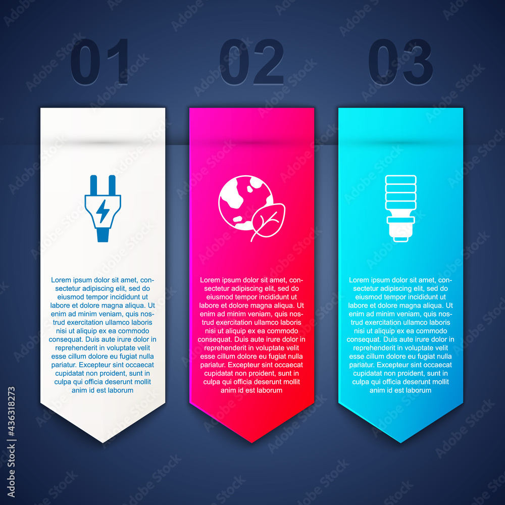 Set Electric plug, Earth globe and leaf and LED light bulb. Business infographic template. Vector Set Electric plug, Earth globe and leaf and LED light bulb. Business infographic template. Vector