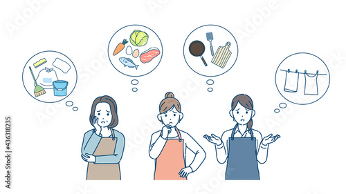 家事に困る主婦たち　料理　洗濯　掃除　イラスト素材