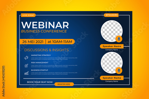Invitation web banner to the online conference. Business webinar invitation design. Announcement poster concept. Modern abstract White background with place for photos	
