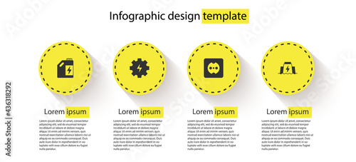 Set Eco fuel canister, Gear and lightning, Electrical outlet and Hydroelectric dam. Business infographic template. Vector