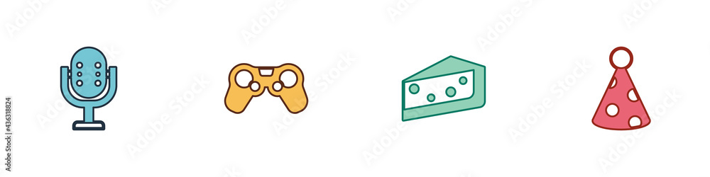 Set Microphone, Gamepad, Piece of cake and Party hat icon. Vector Set Microphone, Gamepad, Piece of cake and Party hat icon. Vector