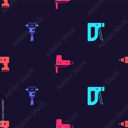 Set Construction stapler  Electrical hand concrete mixer  jigsaw and cordless screwdriver on seamless pattern. Vector