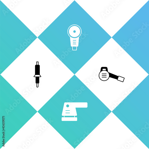 Set Soldering iron, Electric sander, Angle grinder and Leaf garden blower icon. Vector