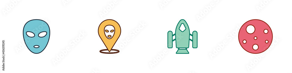 Set Alien, , Rocket ship and Planet Mars icon. Vector Set Alien, , Rocket ship and Planet Mars icon. Vector