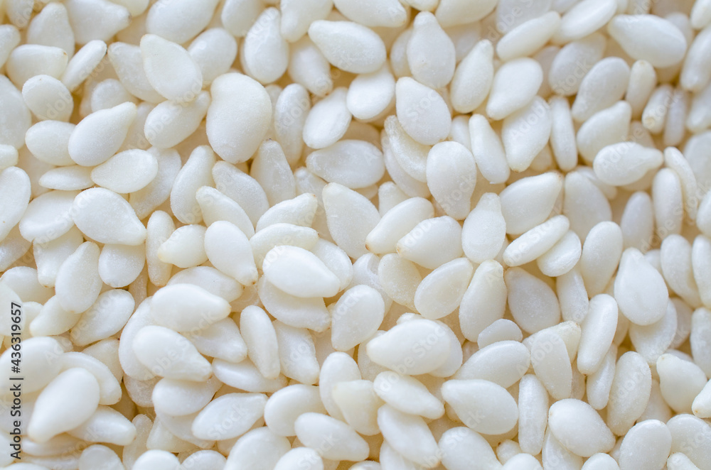 Macro dry organic white sesame seed background, for clean food ingredient or agricultural product concept Macro dry organic white sesame seed background, for clean food ingredient or agricultural product concept