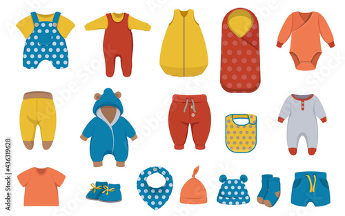 Big set of baby boy clothing. Fashionable baby clothing on white background. Vector illustration