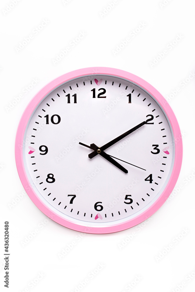 wall pink watch with black dial on white background wall pink watch with black dial on white background