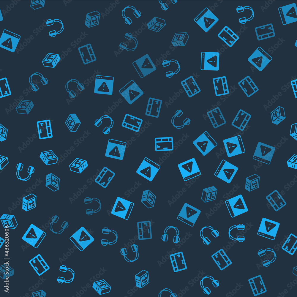 Set Headphones, Browser with exclamation mark, Keyboard and Computer on seamless pattern. Vector Set Headphones, Browser with exclamation mark, Keyboard and Computer on seamless pattern. Vector