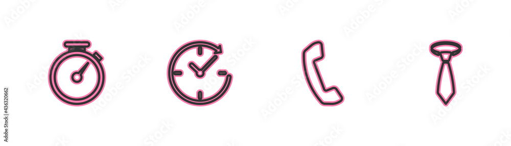 Set line Stopwatch, Telephone handset, Clock with arrow and Tie icon. Vector Set line Stopwatch, Telephone handset, Clock with arrow and Tie icon. Vector