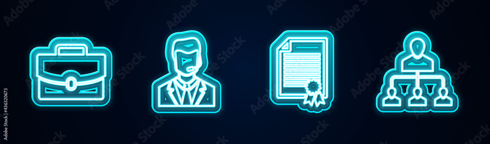 Set line Briefcase, Man with headset, Certificate template and Referral marketing. Glowing neon icon. Vector