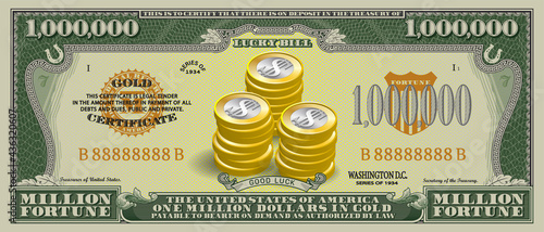 Lucky one million dollar American paper money. Obverse banknote 1000,000. 3D stacks of gold coins with shadows