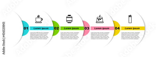 Set line Coffee cup, Propane gas tank, Pudding custard and Lighter. Business infographic template. Vector