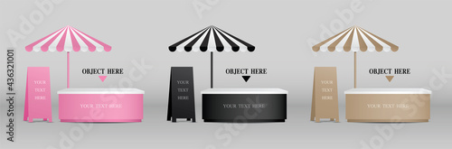 Cute mobile booth collection with parasol and signboard 3d illustration vector for putting your object