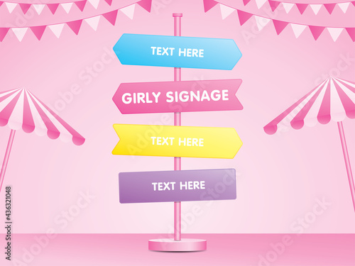 Cute girly colorful signpost with striped parasol and rail flag on pink pastel color background illustration vector