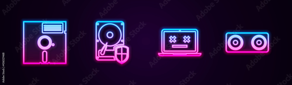 Set line Floppy disk in the 5.25-inch, Hard drive HDD protection, Dead laptop and Stereo speaker. Glowing neon icon. Vector Set line Floppy disk in the 5.25-inch, Hard drive HDD protection, Dead laptop and Stereo speaker. Glowing neon icon. Vector