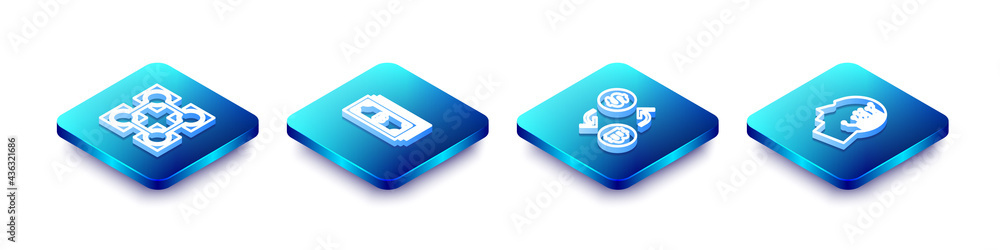 Set Isometric line Blockchain technology, Cryptocurrency bitcoin, exchange and Brain as digital circuit board icon. Vector Set Isometric line Blockchain technology, Cryptocurrency bitcoin, exchange and Brain as digital circuit board icon. Vector