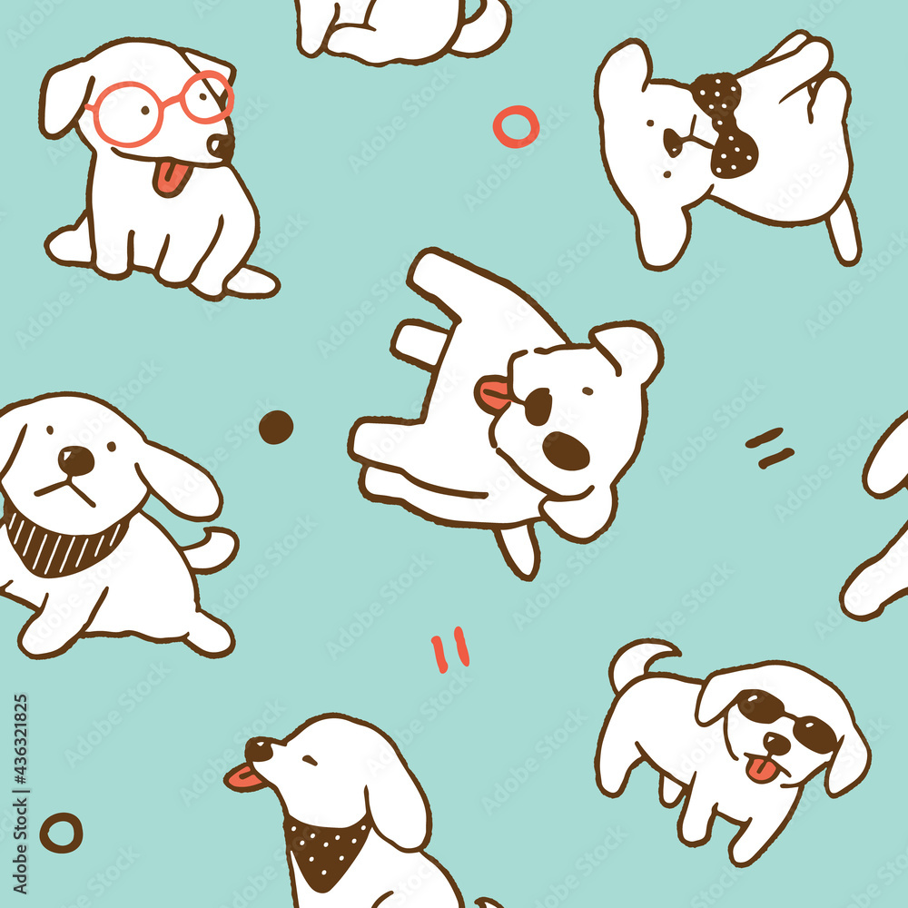 Seamless Pattern with Cartoon Dog Illustration on Green Background