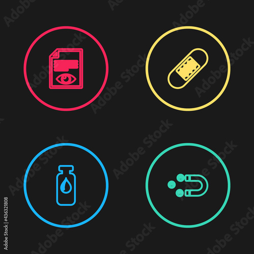 Set line Medical vial, ampoule, Customer attracting, Bandage plaster and Paper page with eye icon. Vector