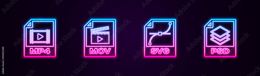 Set line MP4 file document, MOV, SVG and PSD. Glowing neon icon. Vector Set line MP4 file document, MOV, SVG and PSD. Glowing neon icon. Vector