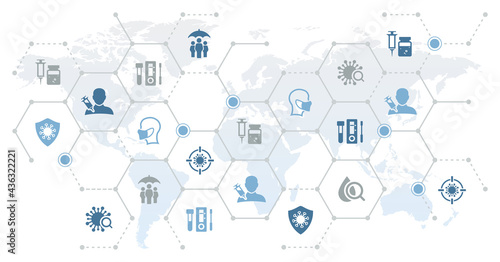Worldwide covid vaccination program and infection prevention measures – vector illustration. Concept with world map related to international or global corona virus vaccine treatment effort.