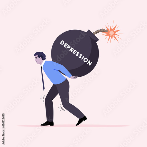 Young man carrying depression bomb on its back, flat vector character.