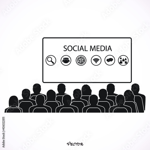 Social Media Connection Communication Technology Network Concept. Diverse Business People in a Seminar About Social Media. Icon Isolated on White Background, flat style.