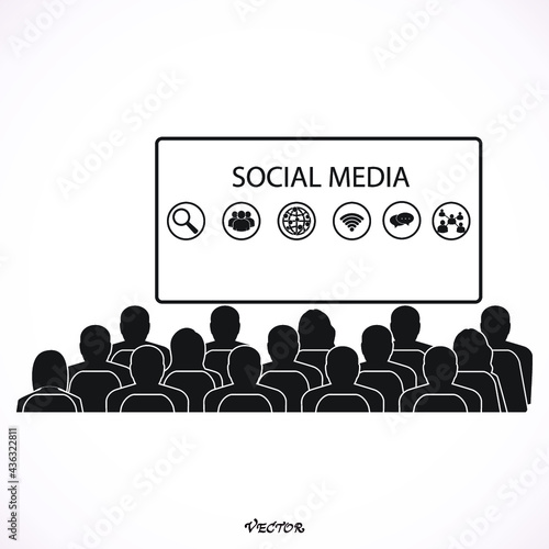 Social Media Connection Communication Technology Network Concept. Diverse Business People in a Seminar About Social Media. Icon Isolated on White Background, flat style. photo