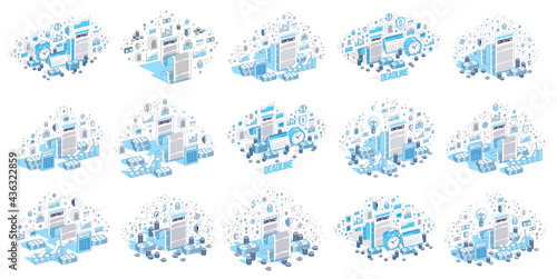 Contract and dealing concept 3D vector designs set isolated on white background, stylish business and finance theme illustrations collection.