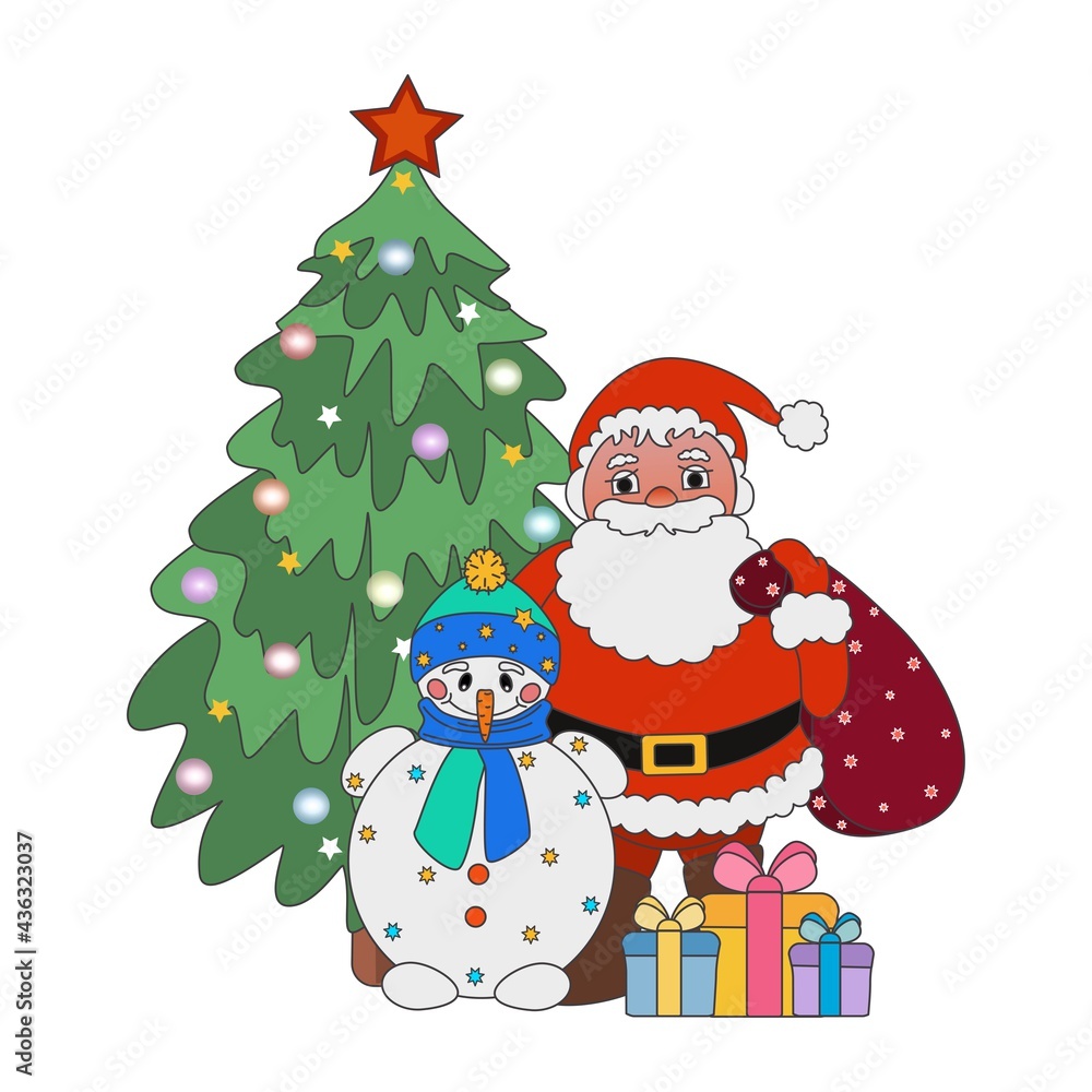 Santa Claus, snowman and Christmas tree. New year and merry christmas concept. Flat illustration. Cartoon style. Can be used as a collage for postcards, stickers, magnets, book illustrations. Santa Claus, snowman and Christmas tree. New year and merry christmas concept. Flat illustration. Cartoon style. Can be used as a collage for postcards, stickers, magnets, book illustrations.