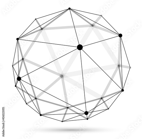 Dimensional lattice sphere vector abstraction, 3D polygonal design abstract shape isolated over white, science digital dynamic connections with lines and dots with perspective.