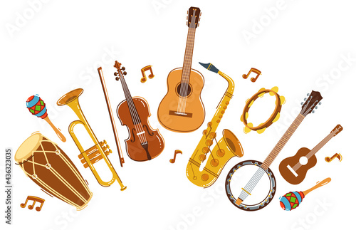 Latin music band salsa vector flat illustration isolated over white background, live sound festival concert or night dancing party, Brazil or Cuban musical fiesta theme.