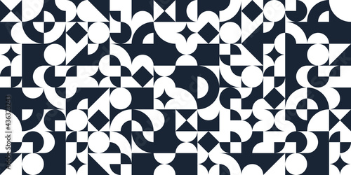 Geometric abstract seamless pattern with black and white simple elements of geometry, wallpaper background in retro 70s style, Bauhaus constructive style tiles.