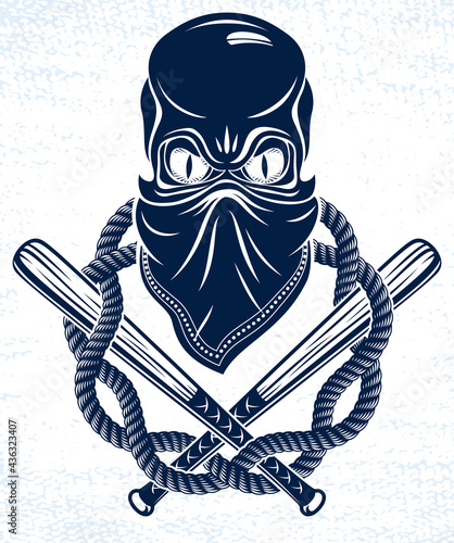 Gang brutal criminal emblem or logo with aggressive skull baseball bats design elements, vector anarchy crime terror retro style, ghetto revolutionary.