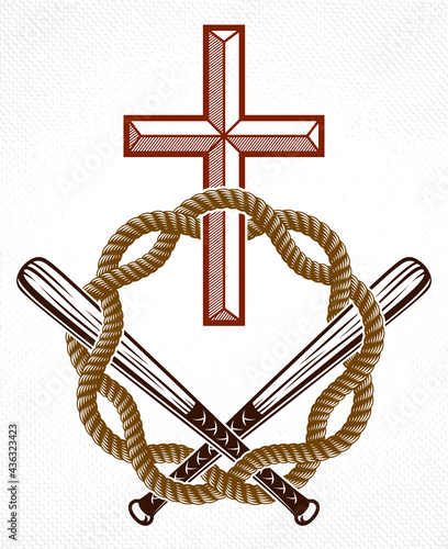 Criminal gangster dramatic emblem or logo with Christian Cross symbolizing death, vector vintage style tattoo, rebel rioter partisan and revolutionary.