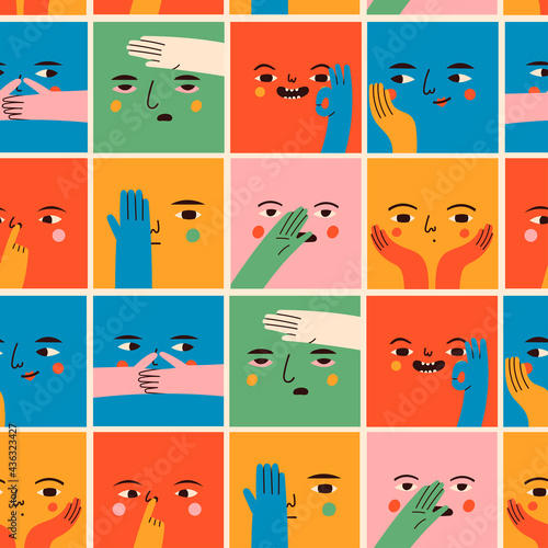 Square abstract comic Faces with various Emotions and hand gestures. Different colored characters. Cartoon style. Flat design. Hand drawn trendy Vector seamless Pattern. Background, wallpaper template