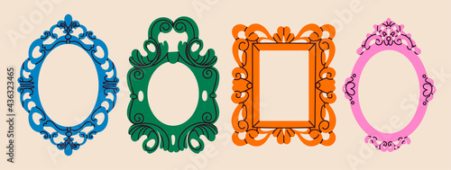 Set of various decorative Frames or borders. Different shapes. Photo or mirror frames. Vintage, retro design. Elegant, modern style. Hand drawn trendy Vector illustration. All elements are isolated