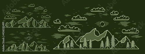 Mountain peaks and pine forest line art vector illustration on dark, linear illustration of mountains range wild nature landscape, outdoor hiking camping ant travel theme.