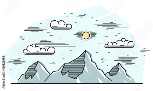 Mountains range linear vector illustration isolated on white, line art drawing of mountain peaks wilderness wanderlust theme, beautiful nature landscape.