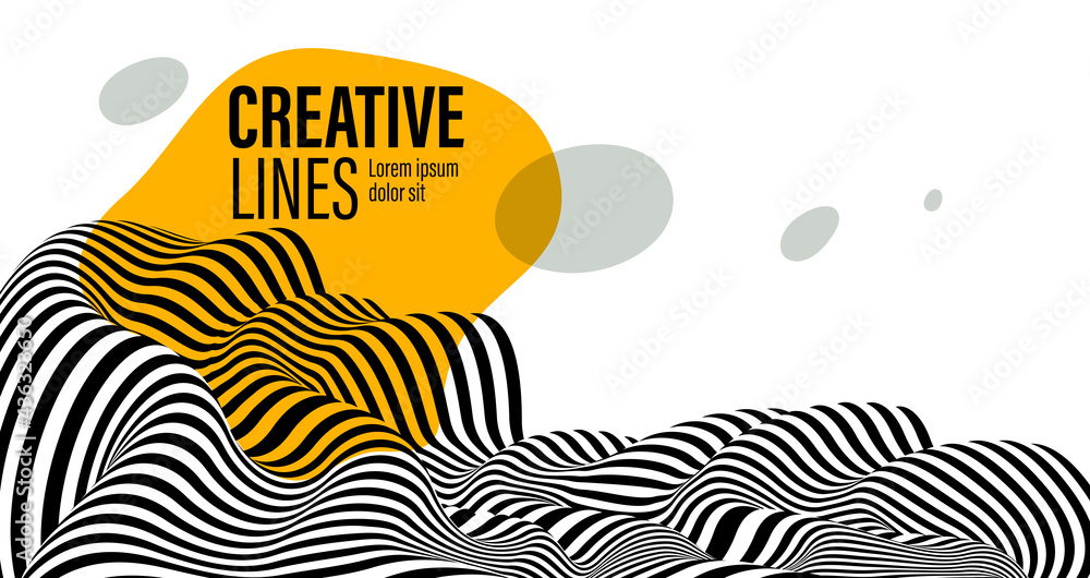 Abstract vector 3D lines with yellow fluid splat background, black and white curves linear perspective dimensional terrain optical pattern. Abstract vector 3D lines with yellow fluid splat background, black and white curves linear perspective dimensional terrain optical pattern.