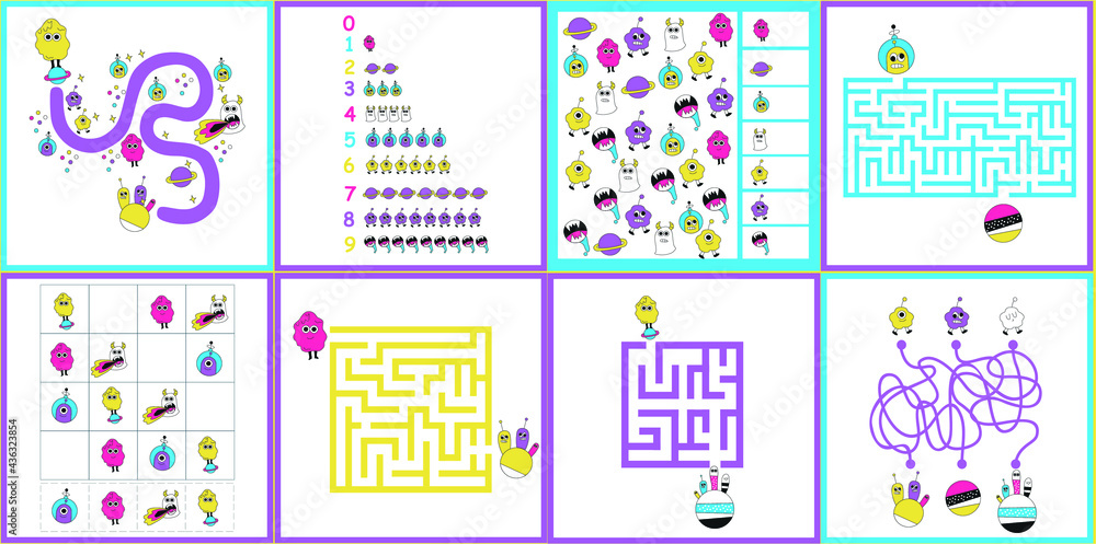 Maze. I spy. Kids mini game for development with cute aliens. Maze. I spy. Kids mini game for development with cute aliens.
