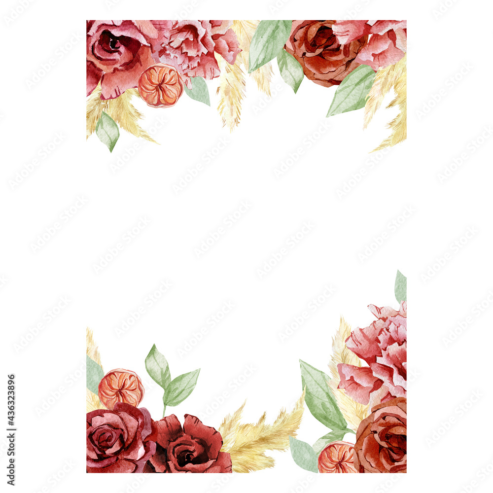 Watercolor Burgundy Flower Banner. Fall Autumn Botanical Dried Floral  Border in Boho Style with Red Rose Stock Illustration - Illustration of  border, drawing: 200312490